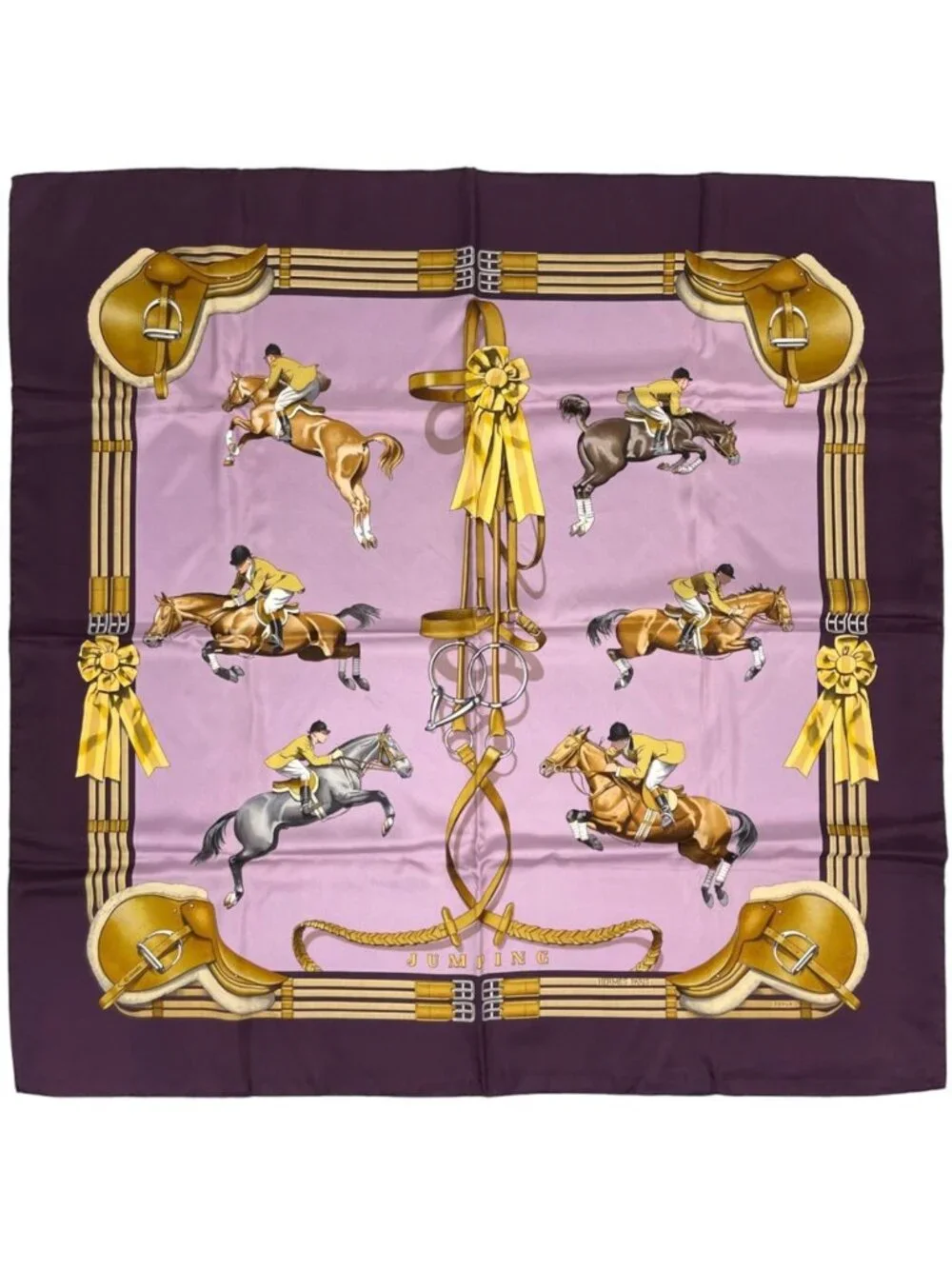 Hermes Carre 90 Jumping Scarf Horseback Riding Saddle Silk Purple Multicolor